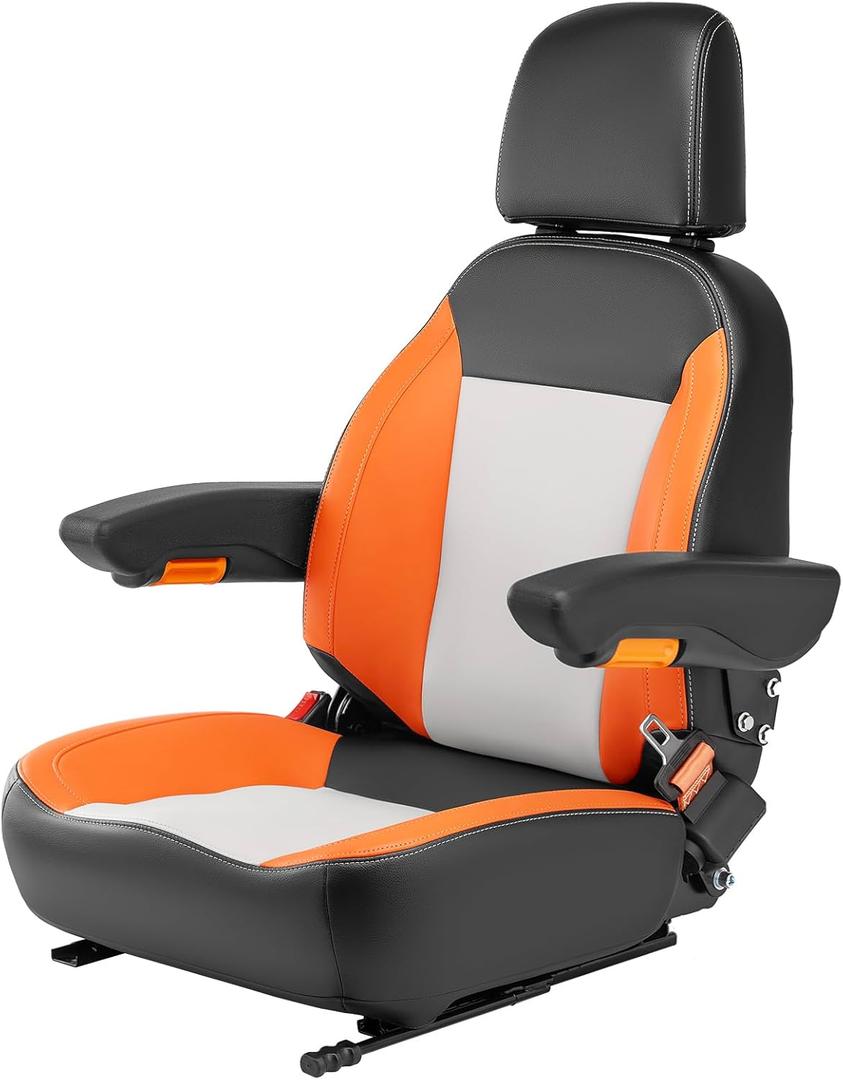 Universal Tractor Seat, Comfortable Zero Turn Mower Seat with Adjustable Safety Belt Armrest Backrest Micro Switch for Forklift Skid Steer Loader Telehandler Dozer Excavator, Orange/Black/Gray 