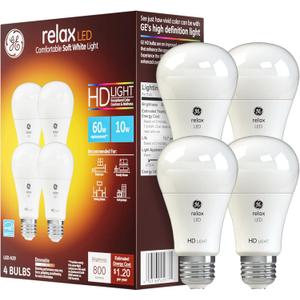 GE Relax LED Light Bulbs, 60 Watt, Soft White, A19 (4 Pack)