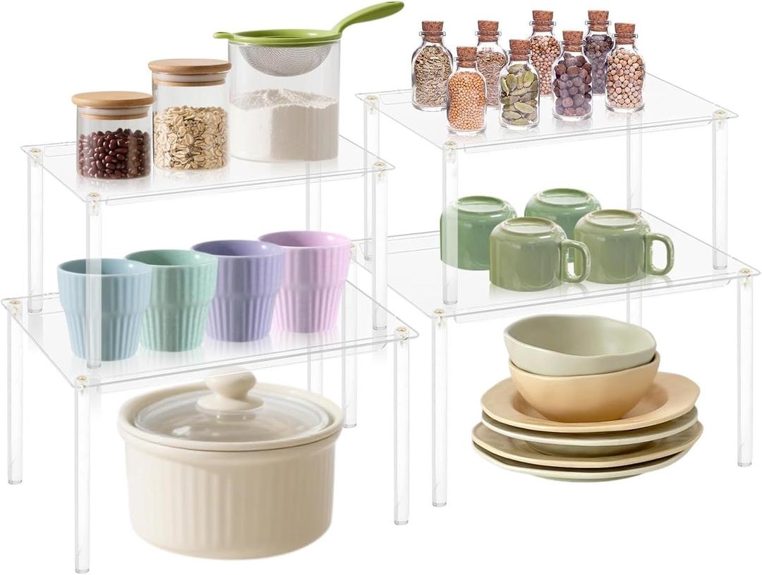 Set of 4 Acrylic Cabinet Organizer, Stackable Clear Cabinet Shelf, Spice Rack Organizer for Kitchen Cabi-net, Countertop, Transparent