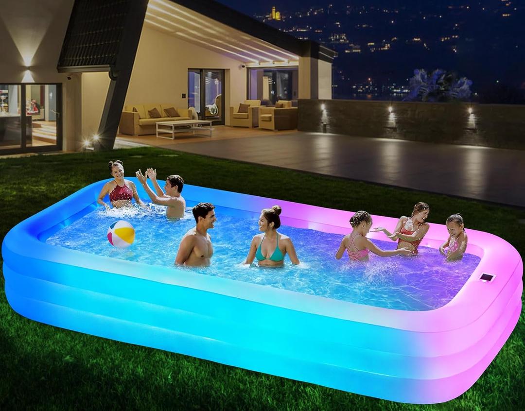 Inflatable Swimming Pool with Light, 145'' X 74'' X 22'' Solar Family Inflatable Pool for Kids, Adults, Family, Large Kiddie Pool, 7 Color Large Blow Up Pool for Backyard (Blue)