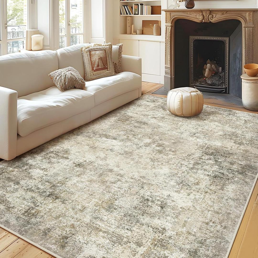 WITSHOCK 8x10 Area Rugs for Living Room: Machine Washable - Non Slip Modern Abstract Rug for Bedroom Under Dining - Stain Resistant for Household - Pet Owners (Brown Lvory) (Brown/Off-white/Light Gray)