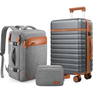 UKEIN Luggage Sets 3 Piece, Carry On Luggage 20In With Spinner Wheels,PC Hardside Suitcase Set with TSA Lock,Durable Carry On Suitcase With Travel Backpack for Men (Grey, 3 Piece Set (20inch))