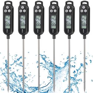 Copkim 6 Pcs Instant Read Meat Thermometer with Long Probe 9.65 Inch Kitchen Cooking Food Candy Waterproof Digital Thermometer for BBQ Water Milk Yogurt Liquid Cooking(Black)