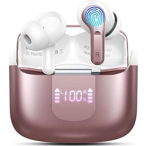 Wireless Earbud Bluetooth 5.4 Headphones, Hi-Fi Stereo Ear Buds with 4 ENC Cancelling Mics, 40H in-Ear Earphones IP7 Waterproof Sports, LED Display, Mini Headset for Laptop Pad TV Phones Rosegold
