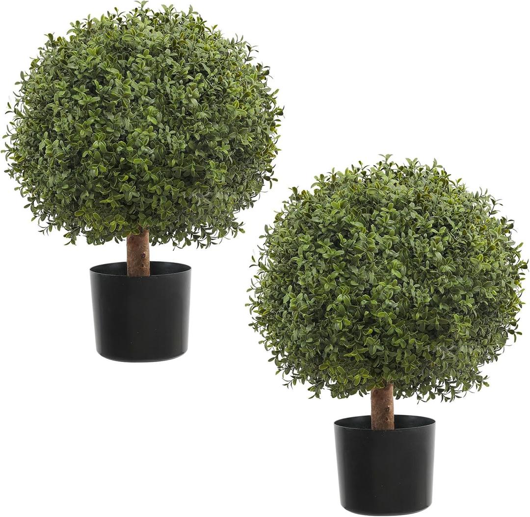 JUSTOYOU 24.5''T Artificial Boxwood Ball Topiary Tree, Set of 2 Bushes Potted Plants for Porch Outdoor or Indoor, Home Decor UV Resistant