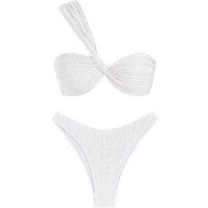 ZAFUL Women's One Shoulder Bikini Twisted Ruched High Cut Bandeau Bikini Set Two Piece Swimsuit (Medium, 2-white1)