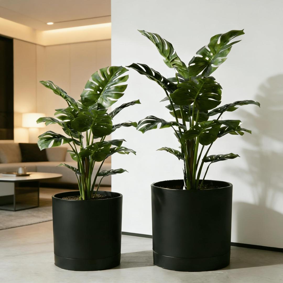 GreenShip Set of 2 Indoor Plant pots, Cylinder Planters with Drainage Hole and Planter Saucer, Jun Porcelain Clay & Recycled Resin, Decorate Home,Office & Outdoor,Black pots, 13.7in+11.8in