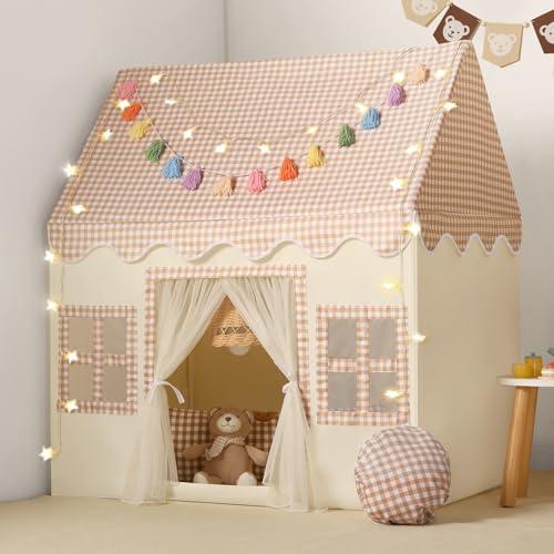 Senodeer Kids Play Tent Indoor: with Brown Checkered, Mat, Rainbow Tissue Garland, Star Lights - Girl Tent Indoor Playhouse for Girls Kids Toys for Boy Girl BAirthday for Kids Gift
