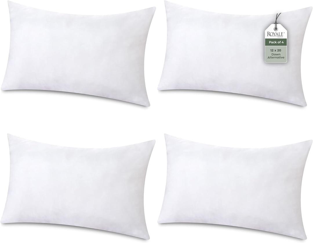 ROYALE LINENS 12 x 20 Pillow Insert - Down Alternative Throw Pillows Insert - Rectangle Pillow Pack of 4 White - Bed & Couch Pillows - Inner Cushion for Bed, Cushion for Living Room - Shams Stuffer