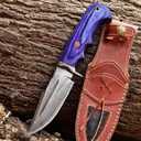 Handmade Damascus Hunting Survival Knife with Leather Sheath - Ideal for Skinning, Camping, Outdoor - EDC Fixed Blade Bushcraft Knife with Purple Wood Handle - Horizontal Carry Knives For Men