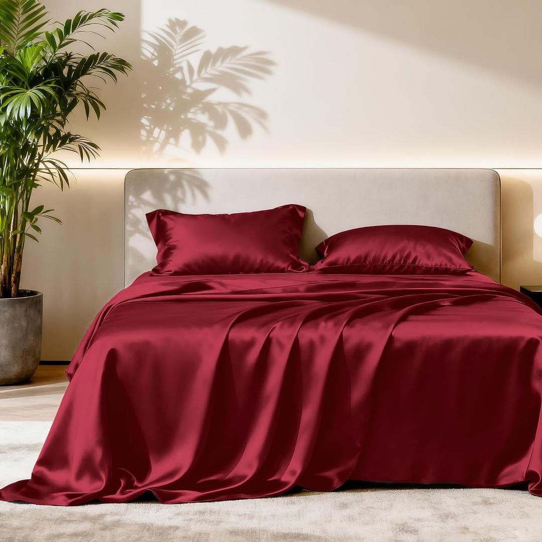 Love's cabin Satin Queen Sheets Set - 4 Piece Burgundy Silky Bed Sheets with Deep Pocket, Luxury Silk Feel Satin Queen Size Sheet Set (1 Flat Sheet,1 Fitted Sheet,2 Pillow Cases)