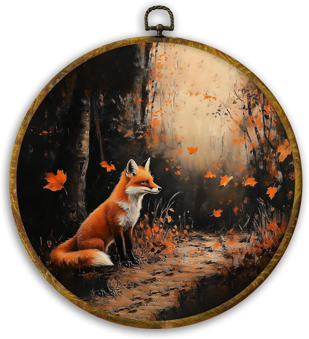 CUANFDDSF Vintage Fall Moody Fox Round Wall Art, Farmhouse Autumn Forest Fox Framed Hanging Wall Decor, Rustic Wild Animal Canvas Prints Decorations for Home Bedroom Living Room, 10x10 Inch