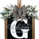 Last Name Year Round Front Door Wreath Front Porch Decoration 26 Letter Welcome Sign with Eucalyptus Garland and Bow Spring Wreaths for Front Door Outside Hanger GarlandG