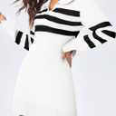 Saodimallsu Womens Striped Sweater Dress V Neck Collared Long Sleeve Slim Fit Ribbed Knit Trendy Mini Dresses (Medium, White)