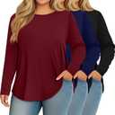 Ficerd 3 Pack Womens Plus Size Long Sleeve Tops Crew Neck Loose Fit T Shirt Stretchy Casual Winter Tops Basic Tees Shirts (XX-Large, Black, Navy Blue, Wine Red)