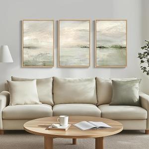 Framed Green Abstract Wall Art for Living Room, 3 Piece Modern Landscape Canvas Prints Paintings Artwork for Walls, Wabi-Sabi Green Paintings for Hallway, Bedroom, Office Wall Decor, 16x24 Inch