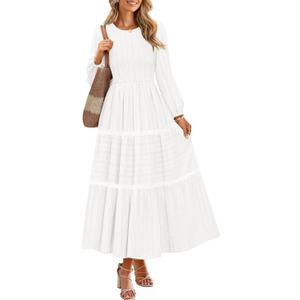 Women's Spring Long Sleeve Maxi Dresses 2026 Casual Crewneck Smocked A Line Tiered Flowy Wedding Guest Long Dress L