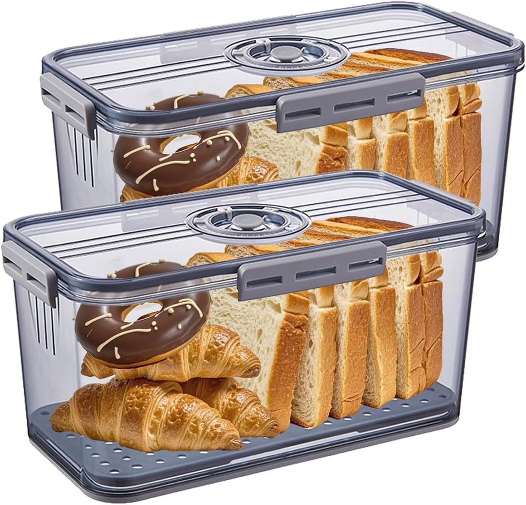 Bread Box for Kitchen Countertop, Airtight Bread Container with Lid, Time Recording Dial, and Draining Board, Bread Storage for Homemade Bread, Toast, Cookies (2 Grey)