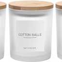 3PCS Modern 13.53oz Transparent Bathroom Canisters with 12 Labels & Wooden Lid Thick Glass Jar Set Qtip Holder for Cotton Ball & Pads Storage Organization Minimalist Decor