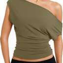 REORIA Womens Cinched Waist Off The Shoulder Tops Dolman Sleeve Banded Bottom Tee Shirts Casual Loose Summer Outfits 2026 (Green, S)