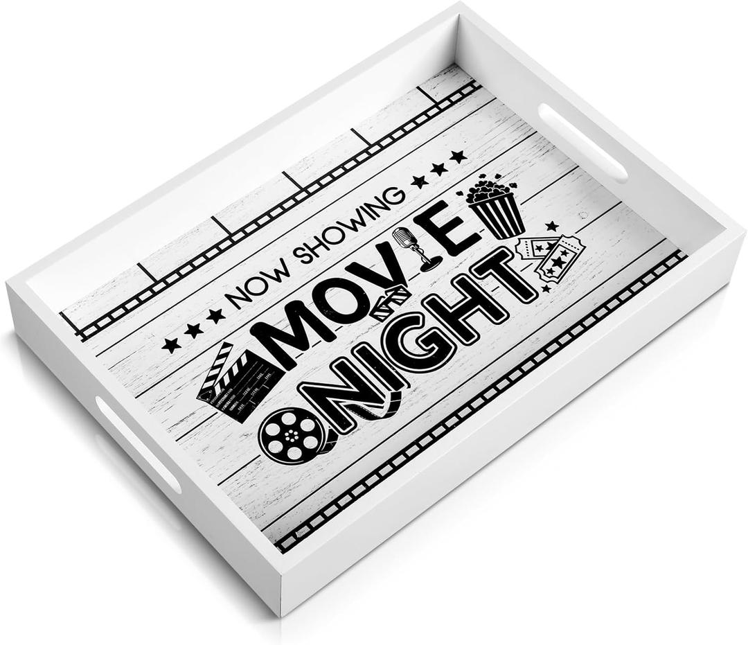 Christmas Movie Night Supplies Snack Trays with Handles Reusable Wooden Gift Basket for Theater Popcorn Bucket Bowl Box Container Family Room Xmas Decor(White,Classic Movie Night)