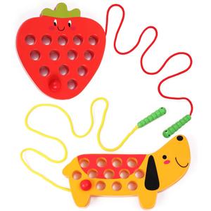 Wooden Lacing Threading Toys Fine Motor Skill Toys for 3 Year Old Educational and Learning Montessori Toddler Travel Toy 1 Strawberry and 1 Dog