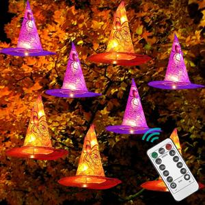 Dazzle Bright 8 Pcs Hanging Witch Hat Lights, 2 Pack Light Up Waterproof Halloween Decorations with Remote Control for Outdoor Garden Party Carnival Supplies Decor