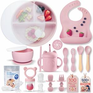 Remonda 23-Piece BPA-Free Silicone Baby Feeding Set | Extra Large Suction Plates, Toddler Bowls, Self Feeding Spoons, and More | Dishwasher Safe| Baby Led Weaning Supplies (Pink) B