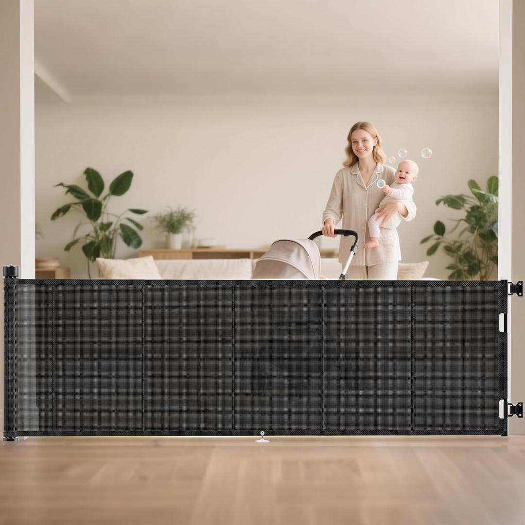 120 inch Retractable Baby Gates 42 inch Tall, Retractable Gate with Reinforced Strip Design to Prevent Crawling Through, 10 FT Extra Wide Retractable Dog Gate for Indoor/Outdoor (Black)