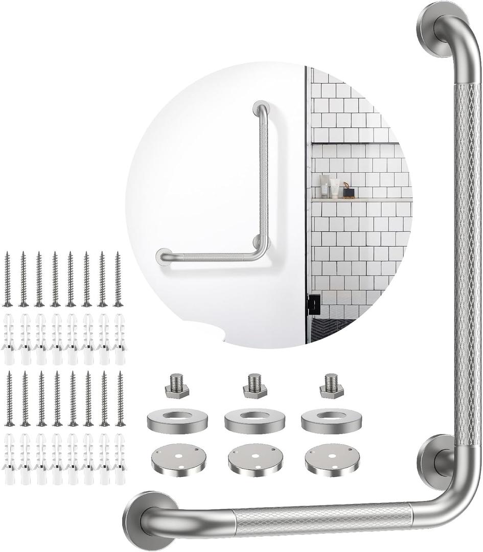 Brushed Nickel Angled Grab Bar 16x24 Inch, iHansee Bathroom Safety Bar w/Anti-Slip Knurled Grip, Wall Mount L Shaped Shower Handle for Elderly Senior Handicap, Toilet Bathtub Balance Support Bar