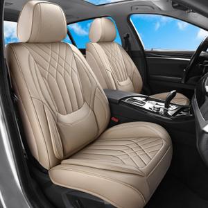 Car Seat Covers Front Seats Beige, Luxury Leather Automotive Seat Covers with Lumbar Support, Waterproof Car Seat Protector Universal Fit for Most Cars Trucks Pick-ups SUVs