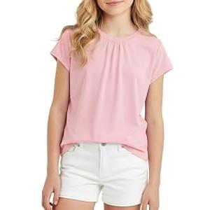 PATPAT Girls Pleated Short Sleeve T Shirt Size 9-10 Years Pink Pain Summer Crewneck Shirts Kids Casual Preppy Fashion Tops Tees