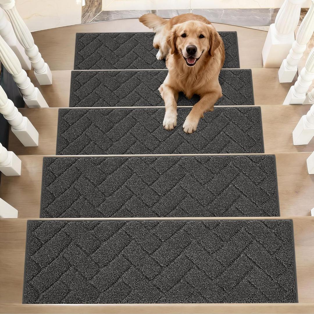 BEQHAUSE Edging Stair Treads for Wooden Steps 9" x 28", Non Slip Carpet Stair Treads Indoor Stair Runners, Soft Stair Rugs, Machine Washable, 100% Polyester, TPE Backing, 15pcs, Charcoal
