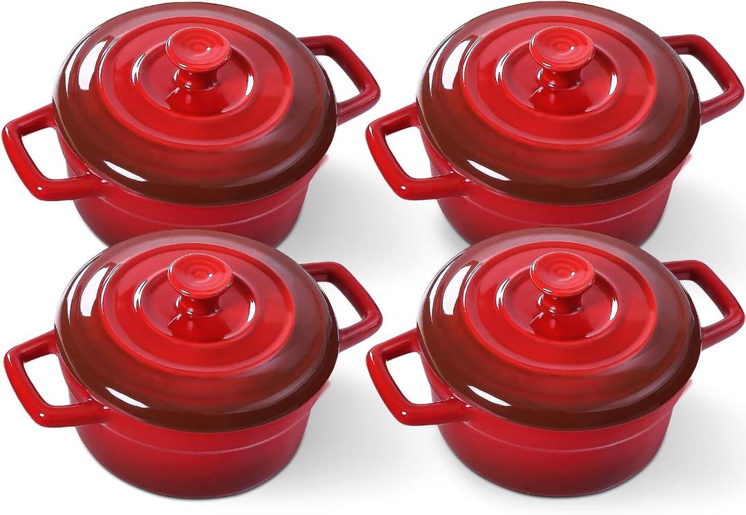 Lareina Mini Cocotte - 12oz Ceramic Casserole Dishes - Kitchen Casserole Sets With Handles And Lid - Small Baking Ramekins - Oven, Microwave & Dishwasher Safe - Set of 4 - Red