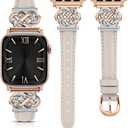 Minyee Celtic Knot Leather Band Compatible with Apple Watch Band Women, Slim Thin Dressy Premium Leather Adjustable Strap for iWatch SE/Ultra 3 2 1 Starlight/Rose Gold&Silver, 44/45/46/49/42mm(Series 3/2/1)