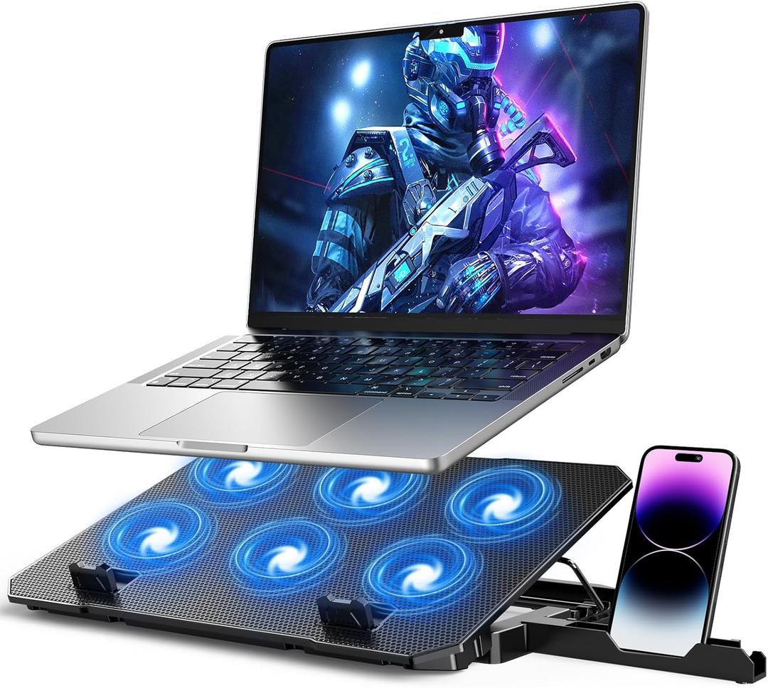 Laptop Cooling Pad, Laptop Cooler 6 Quiet Fans for 12"-17" Laptops, Gaming Laptop Fan Cooling Pad with 5 Height Adjustable, Slim Portable USB Powered, 2 USB Ports & Phone Holder