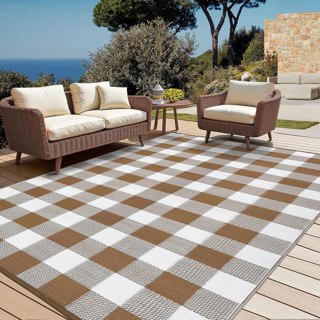 COZYLOOM Plastic Straw Rug Waterproof 9x12 Outdoor Rug Modern Geometric Patio Rug Indoor Outdoor Large Throw Carpet Reversible Camping Mat for Rv Baclony Picnic Backyard Deck Porch Beach, Brown