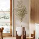 LE TAUCI 10 Inch Planter with Acacia Wood Stand, Ceramic Planters for Indoor Plants, Unique Plant Pots Indoor for Home Decor, Cylinder Pots for Plants with Drainage Hole and Plug, Neutral Gray