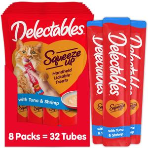 Delectables Squeeze Up Creamy Squeezable Puree, Lickable Wet Cat Treats, Grain Free, No Added Fillers, No By-Products, No Added Preservatives, 0.5 Ounces Tuna & Shrimp, 32 Tubes Total BBD Nov 27 2027