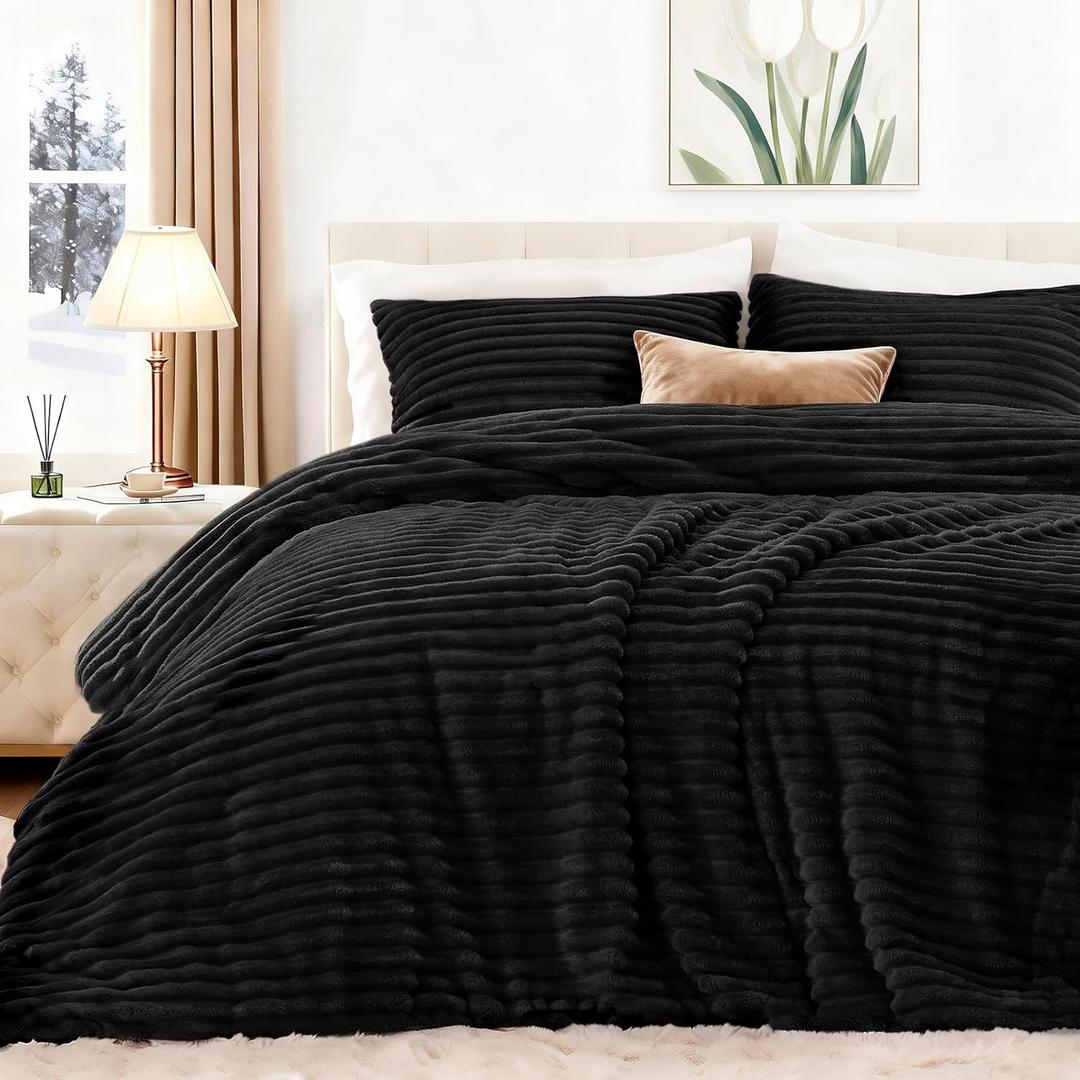 EXQ Home Fluffy Comforter Set Queen Size - Super Soft Faux Fur Stripe Jacquard Comforter 3 Pieces, Black Fleece Bedding Set,Winter Warm Bed Set,1 Comforter with 2 Pillowcases