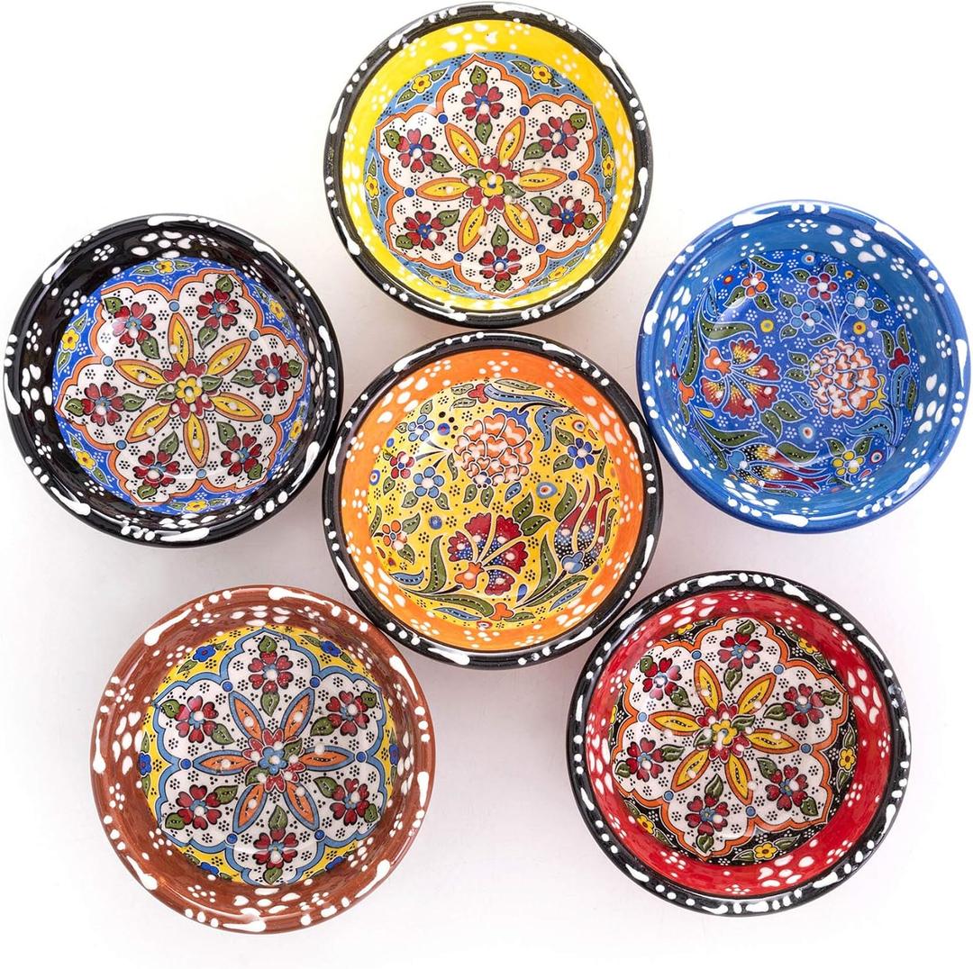 Turkish Ceramic Pinch Bowls Set of 6 Small Dipping Bowls for Charcuterie Boards, Appetizers, Snacks & Sauces -Handcrafted Turkish Bowl for Serving, Decor & Gifts (3.2)