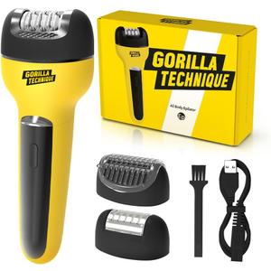 Gorilla Technique 3-in-1 Epilator, Wet & Dry Facial & Body Hair Removal Device, Cordless Rechargeable Electric Tweezers & Shaver & Callus Remover for Women & Men, One, Black & Yellow
