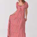 ANRABESS Women's Boho Maxi Dresses 2025 Summer Casual Floral Puff Short Sleeve Tie Front Flowy Swing Tiered Long Beach Dress (Red, M)