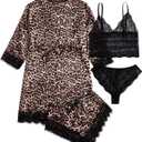 WDIRARA Women' Silk Satin Pajamas Set 4pcs Lingerie Floral Lace Cami Sleepwear with Robe (Small, Black Leopard)