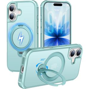 HuwaiH 360 Rotatable Magnetic Ring Stand for iPhone 17 Case, Compatible with MagSafe, Military-Grade Shockproof, Anti-Scratch Matte Translucent for iPhone 17 Phone Case(Lake Blue)