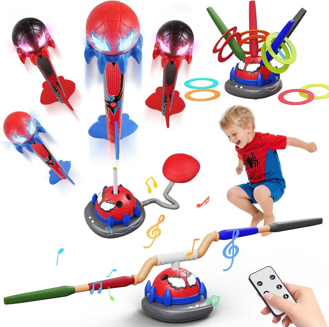 Spider 3-in-1 Rocket Launcher for Kids: 4 Cool Spider Rockets, Ring Toss Game, Musical Jump Toys with Remote Control, Outside Yard Indoor Outdoor Sports Toys for Boys Girls 3 4 5 6 7 8 9 10 Year Old