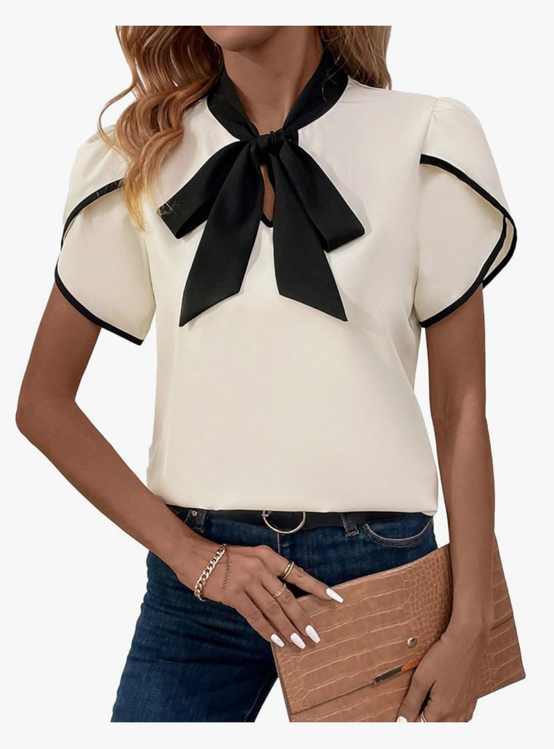 Verdusa Women's Contrast Binding Tie Neck Petal Sleeve Work Blouse Top M