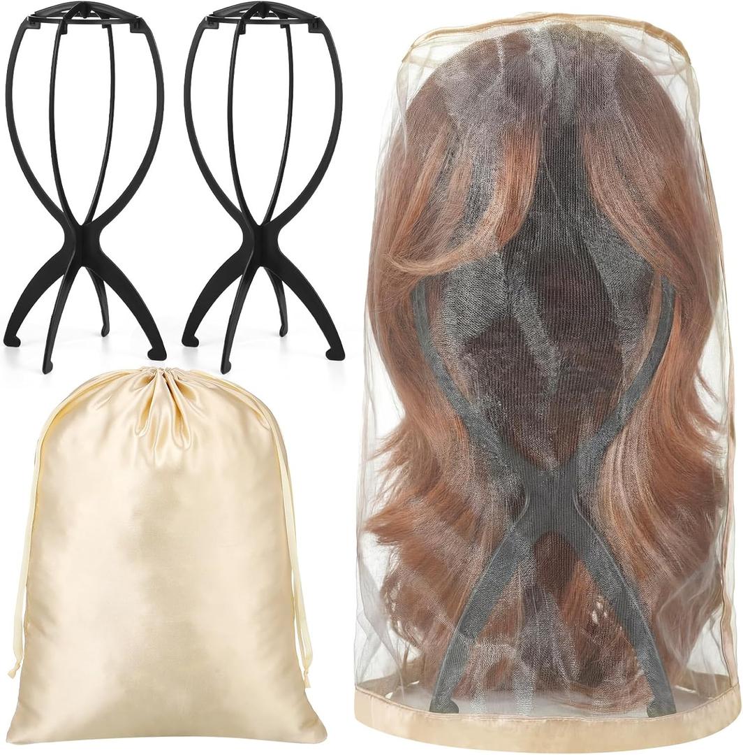 2 Pack Wig Stand with 2 Pcs Wig Storage Bags, Wig Holder Dust Cover with Travel Bag for Bundles, Wigs, Extensions, Tools - Wig Party Kit for Salon Home Use (champagne)