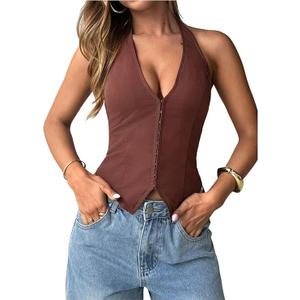Women's Halter Top V Neck Sleeveless Backless Going Out Summer Tank Tops Solid Brown S