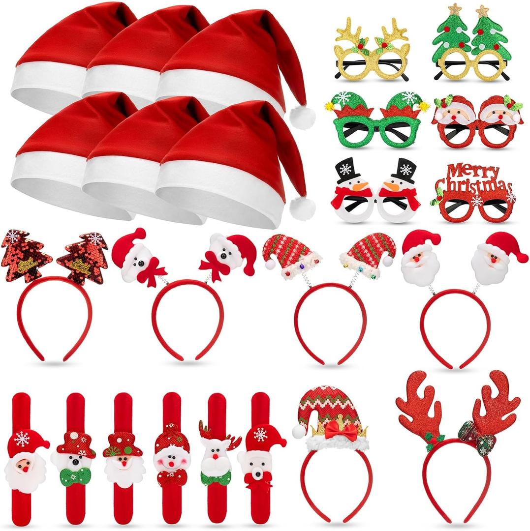 24 Pcs Christmas Glasses Headbands Hats Kids Wristbands, Cute Hair Hoop Eyeglasses Christmas Decorations, Santa Hats Photo Props for Xmas Holiday Party Favors